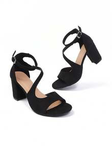 2026夏季新款女士黑色绒面革后跟高跟凉鞋，8厘米粗跟踝带露趾鞋 - 黑色 - 查看 10