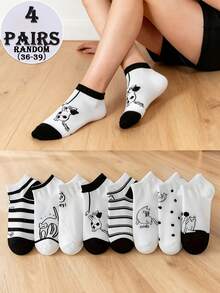 4/8 Pairs Unisex Black & White Cat Cartoon Striped & Polka Dot Breathable Moisture-Wicking Cute Funny Ankle Socks, Suitable For Daily Wear - Black and White - View 10