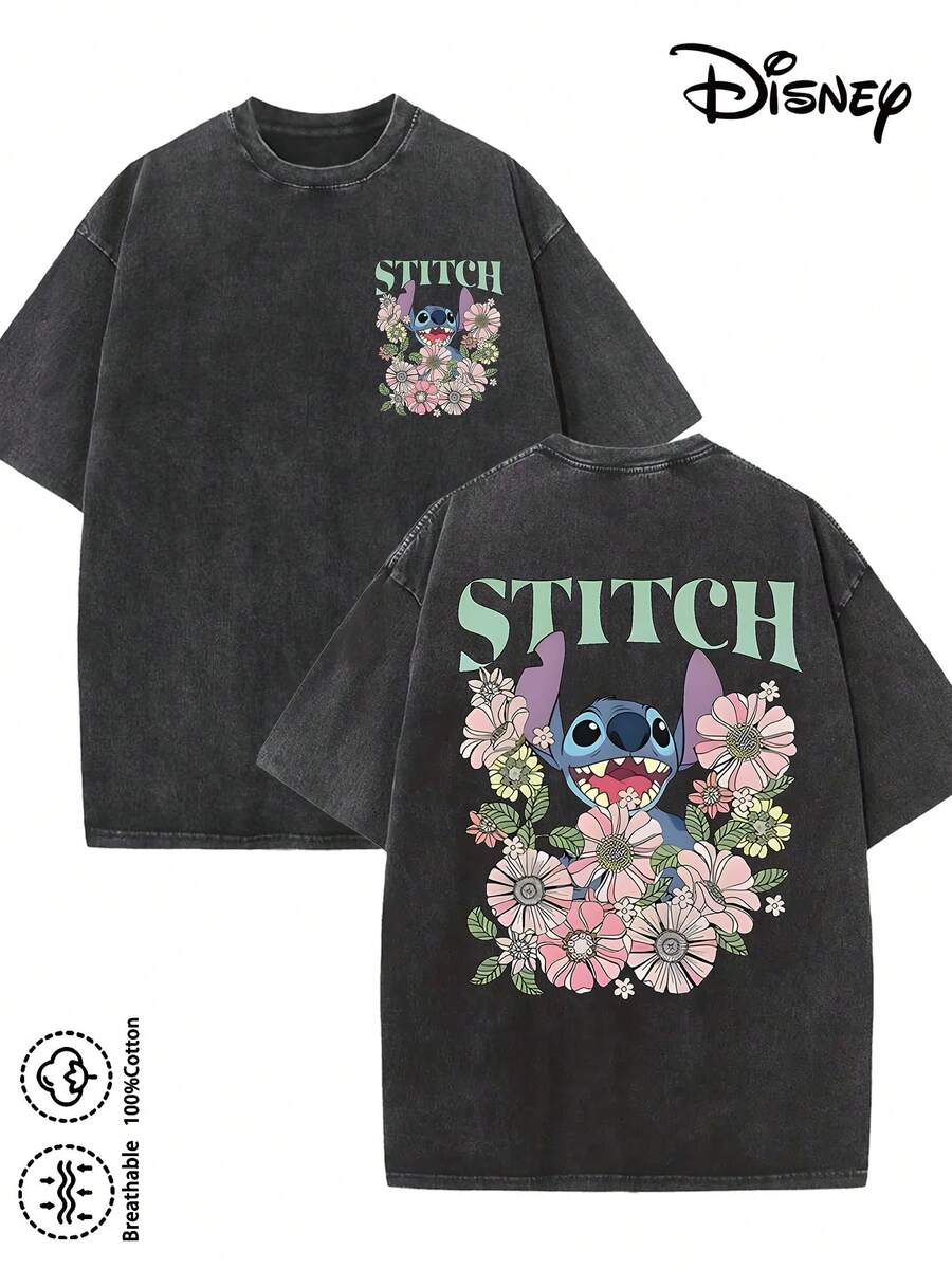 Disney-Licensed Men's Cotton T-Shirt For The 2026 Family Holiday. Featuring A Stitch Motif, Washed Crew Neck, Soft And Comfortable Feel, Easy Care And Suitable For Various Occasions Such As Holidays, Everyday Life And Commuting – Full Of Festive Spirit. - 黑色 - 查看 1