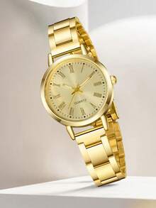Bộ trang sức 2 món gồm đồng hồ và vòng tay hợp kim thạch anh dành cho nữ, kiểu dáng thanh lịch, tối giản với mặt số La Mã, phù hợp để đeo hàng ngày, trang trí dự tiệc hoặc làm quà tặng cho bạn bè và mẹ vào các dịp lễ như Ngày Valentine và Ngày của Mẹ. - Vàng - Xem 2