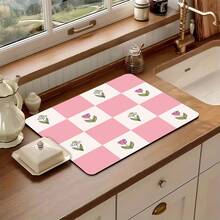 1pc Kitchen Counter Crimson Sakura Bloom Pattern Absorbent Non-Slip Coaster, Heat Resistant Tabletop Decoration For Coffee Bar, Home - Pink and White Checkered Pattern - View 8