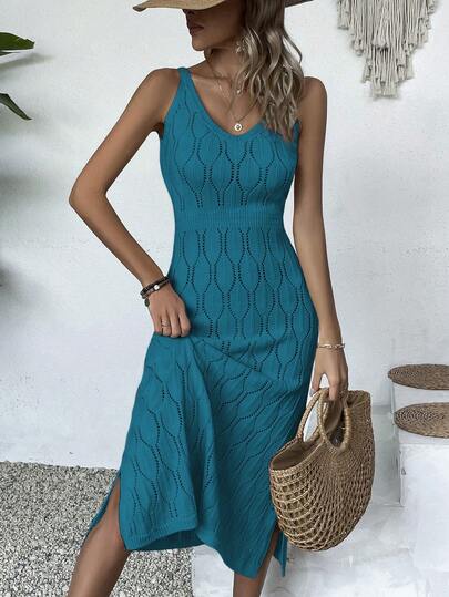 Women's Casual V-Neck Solid Color Crochet Slit Hem Dress, All-White Summer, Cream Yellow Back To School Autumn, Dignified Long Party Dress For Autumn/Winter (Pattern Random) Vacation Beach