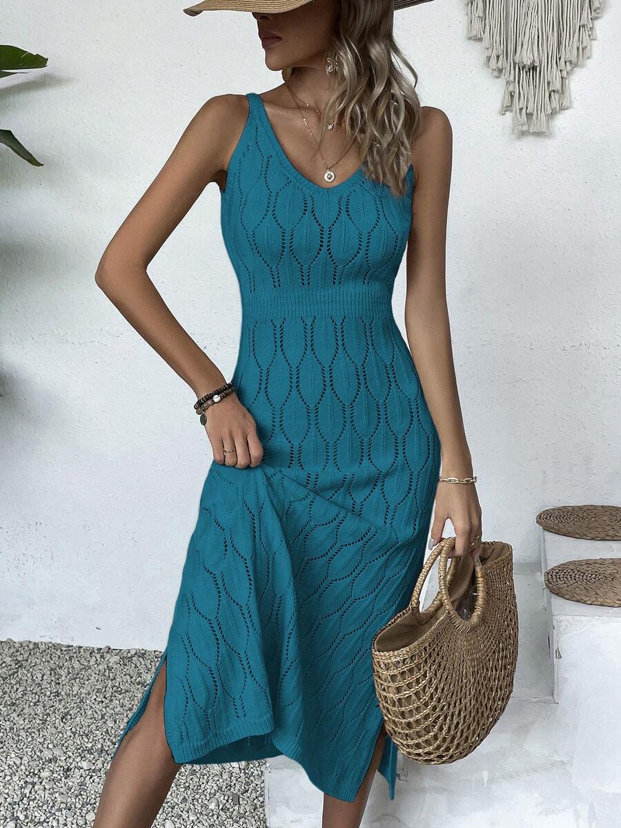 女士休闲V领纯色钩针开衩连衣裙，全白夏季款，奶油黄返校秋季款，优雅长款派对连衣裙，适合秋冬季节（图案随机），度假海滩装 - 湖藍 - 查看 1