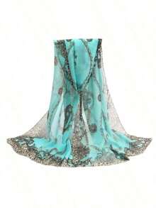 1pc Women's Elegant & Fashionable All-Season Classic Leopard & Floral Print Chiffon Scarf, Breathable Thin Scarf/Hijab/Shawl, Versatile For Daily Wear - Màu xanh Cadet - Xem 1