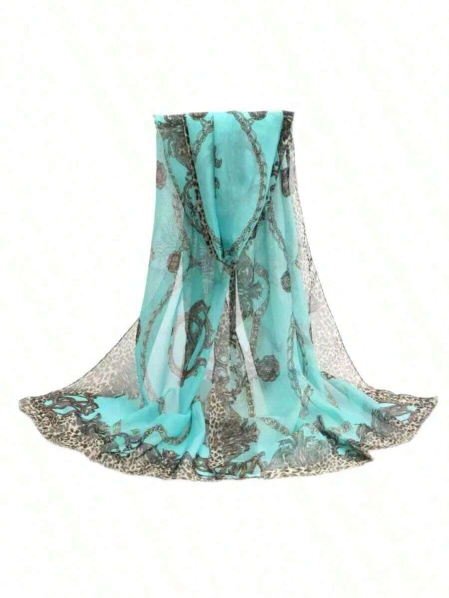 1pc Women's Elegant & Fashionable All-Season Classic Leopard & Floral Print Chiffon Scarf, Breathable Thin Scarf/Hijab/Shawl, Versatile For Daily Wear - Màu xanh Cadet - Xem 1
