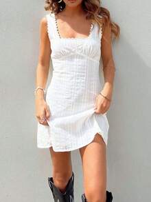 Womens Summer Tank Dress Sleeveless Square Neck Lace Trim Solid Color A-Line Dress Short Mini Dress - White - View 3