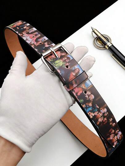 1pc Buckle Belt, Unisex Vintage Oil Painting "The Last Supper" Artistic Print Fashion Versatile Belt, 120cm Length