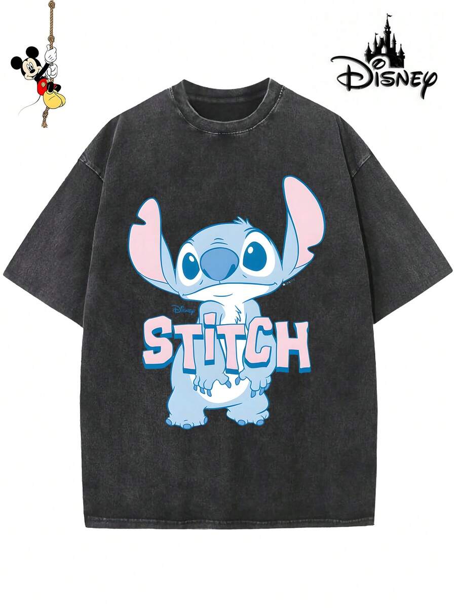 Disney-Licensed Men's Cotton T-Shirt For The 2026 Family Holiday. Featuring A Stitch Motif, Washed Crew Neck, Soft And Comfortable Feel, Easy Care And Suitable For Various Occasions Such As Holidays, Everyday Life And Commuting – Full Of Festive Spirit. - 黑色 - 查看 1