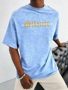 Men's Retro American Streetwear Style Washed Graphic Print Short Sleeve T-Shirt, Comfortable & Breathable, Suitable For Summer, Leading Fashion - Baby Blue - View 2