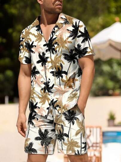 Men's Digital Print Shirt And Shorts Set, Summer