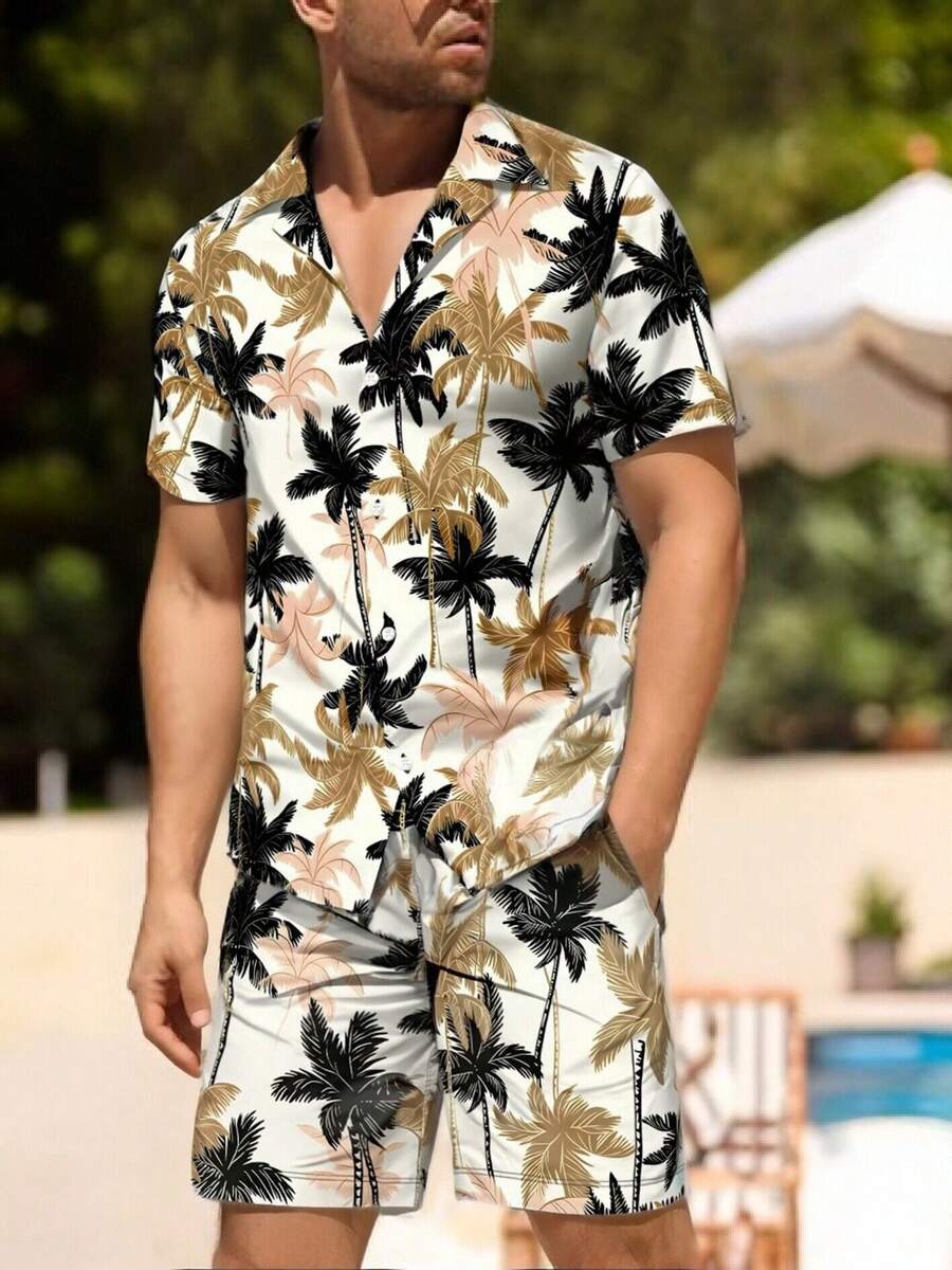 男士数码印花衬衫短裤套装,夏季 - 彩色 - 查看 1