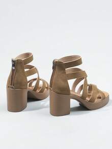 女士绑带粗跟厚底凉鞋，露趾踝带粗跟凉鞋，后拉链设计，夏季派对鞋 - 卡其色 - 查看 4