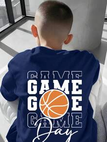青少年/男童休闲篮球图案字母印花圆领短袖T恤，时尚夏季新款童装T恤 - 藏蓝色 - 查看 7