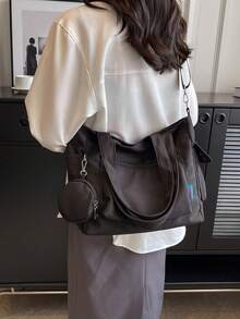 大容量男女通用手提包，带零钱包，1个装，新款韩版学院风中学生书包，休闲斜挎包，帆布斜挎包，女士包带零钱包，书包，大容量，便携，适合青少年女孩、女性、大学生，完美适用于办公室、大学、小学、中学、高中、工作、商务、通勤、购物、度假等场合。 - 黑色 - 查看 4