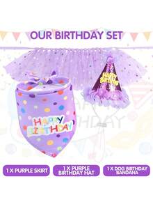 3pcs Dog Birthday Headband Set, Includes Hat And Dress, Suitable For Dog Birthday Party, Cute Tutu Dress Set For Small, Medium And Large Dogs - Purple - View 9