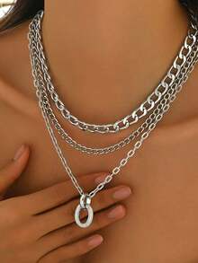 Fashionable Hip-Hop Aluminum Multi-Layer Necklace - Silver - Visa 3
