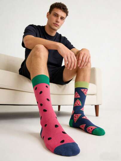 1 Pair Reversible Men's Pink & Blue Watermelon Pattern Mid-Calf Socks, & Versatile For All Seasons