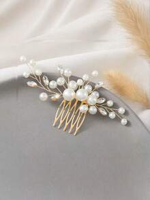 1pc Handmade Pearl & Crystal Hair Comb, Bridal Hair Accessory - Silver - View 5