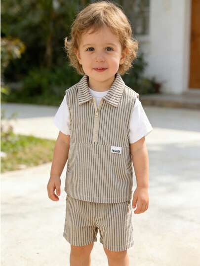 3pcs Baby Boy Summer Striped Set: Sleeveless Vest With Collar, Half-Zip, "FASHION" Patch + White Short Sleeve Tee & Matching Striped Shorts, Casual Street Style, Breathable Fabric, Simple Striped Layered Look, Comfortable & Easy To Wear