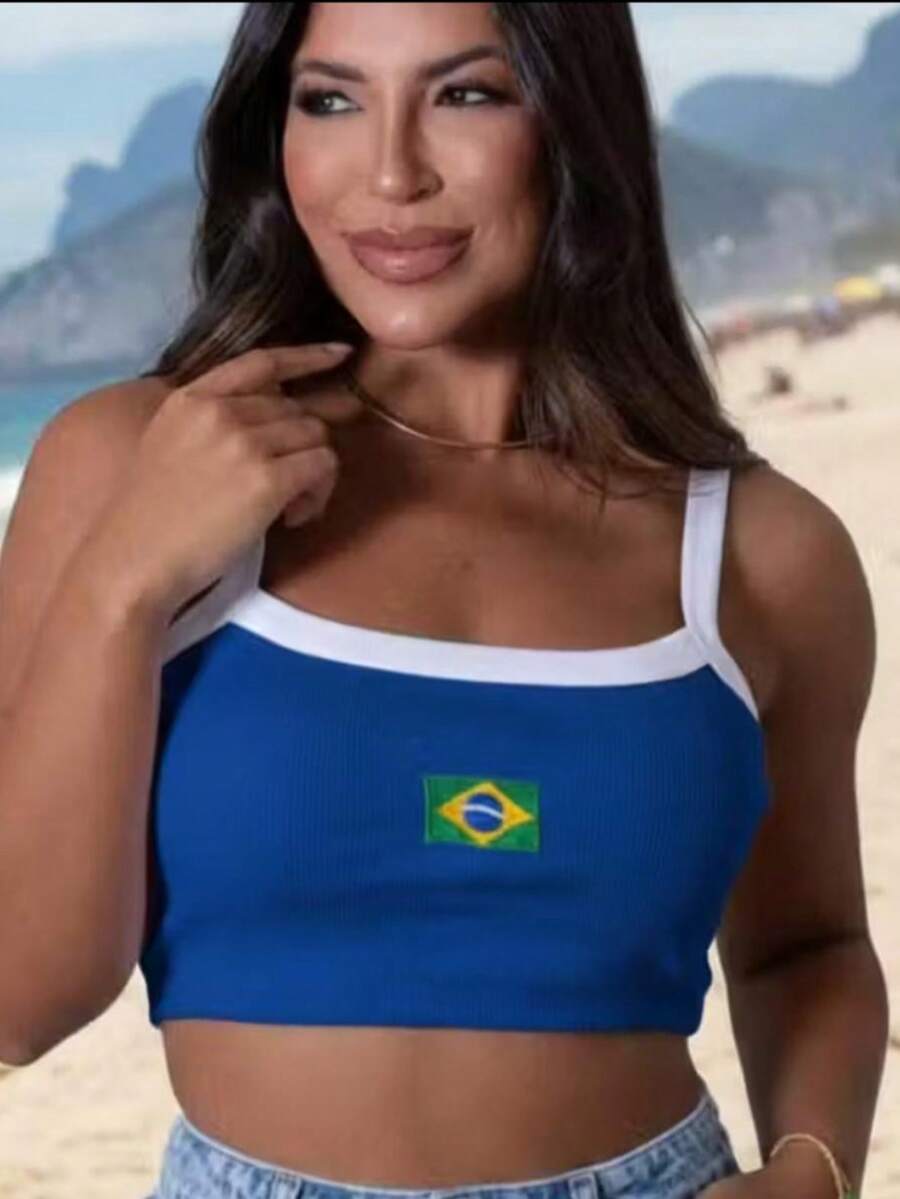 Women's Cropped Tank Top With Ribbed Straps, Embroidered Brazil Cup 2026 Vibe Design, Contrasting Waist, Open Back / Backless Embroidery, Beachwear - Blue - View 1