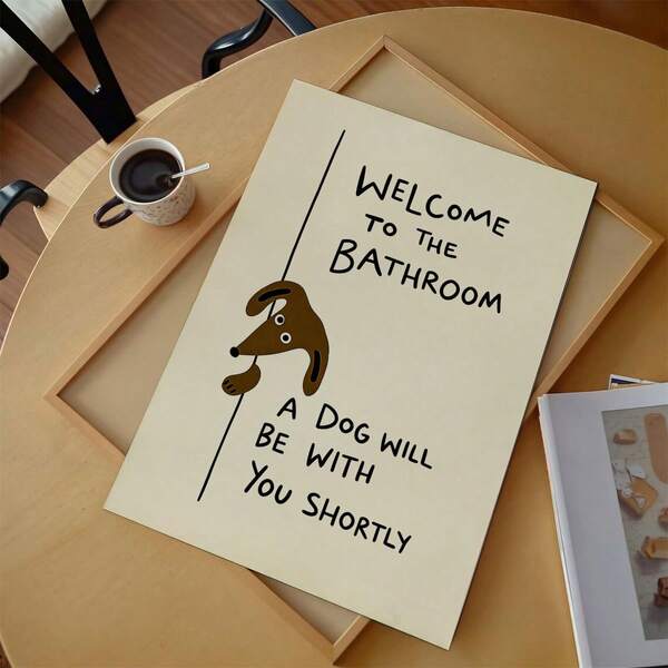 1 pieza Póster de lienzo sin marco, Perro de dibujos animados divertido asomándose y diciendo "Bienvenido al baño, un perro estará contigo en breve", Impresión de arte con cita humorística de mascota, Pintura de lienzo para decoración de pared en dormitorio, sala de estar, cocina y pasillo