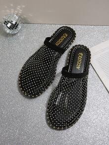 Sandalias planas de punta cerrada con incrustaciones de strass, elegantes y cómodas sandalias casuales versátiles para mujer, para primavera/verano - Negro - Ver 10