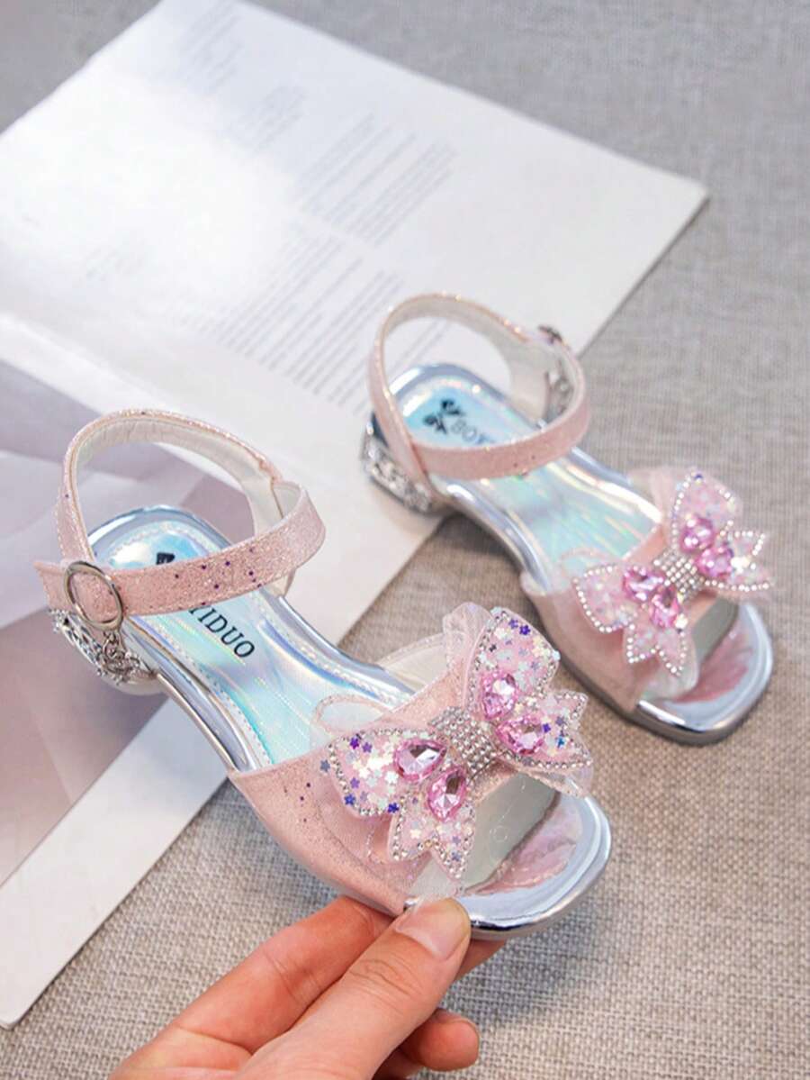 1 Pair Girls' Fashion Rhinestone Butterfly Decor Hook And Loop Design Comfortable Soft Bottom Non-Slip Sandals, Suitable For Girls In Summer - Pink - View 1