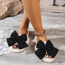 Women's Home Slippers, Black Bow Knot Pleated Fabric, Fashionable Casual Indoor Wear, Autumn/Winter - Beige - View 1