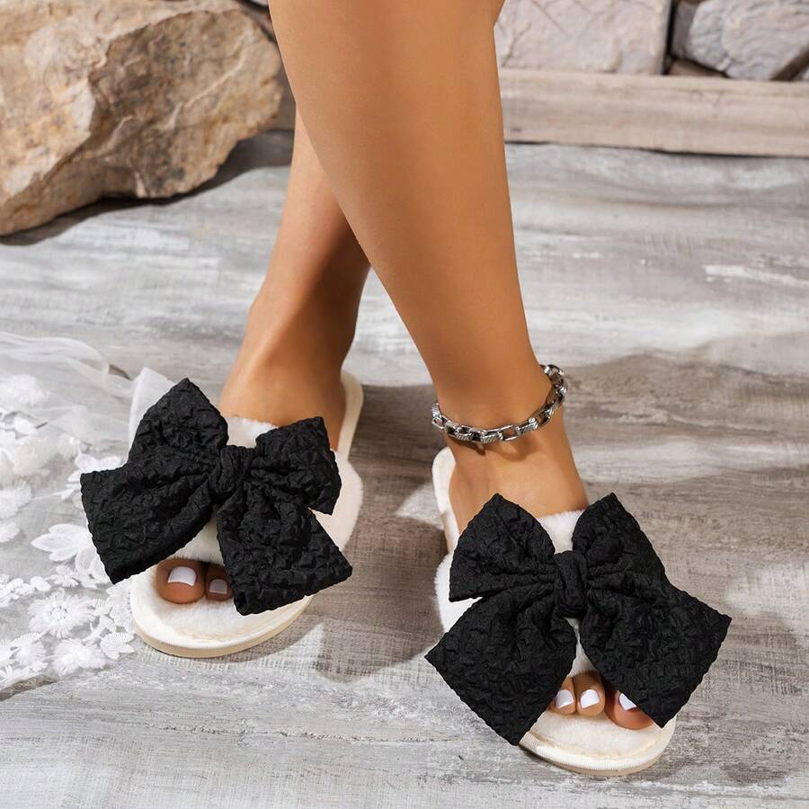 Women's Home Slippers, Black Bow Knot Pleated Fabric, Fashionable Casual Indoor Wear, Autumn/Winter - Beige - View 1