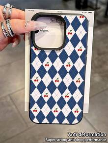1件装 时尚个性化蓝色菱形格纹樱桃图案荔枝纹理防摔防滑软手机壳 兼容苹果手机 - 彩色 - 查看 4