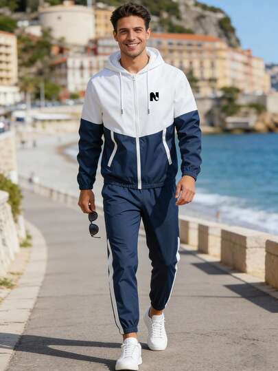 1 Set Men's Spring/Autumn Colorblock Hoodie & Sweatpants Tracksuit - Zip-Up Loose Casual Sports 2-Piece Set