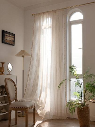 1 Stück Vintage japanischer Stil Leinen-Optik transparenter Vorhang, halbtransparenter Polyester-Vorhang geeignet für Wohnzimmer, Schlafzimmer, Balkon, maschinenwaschbar, mit Stangenösen, geeignet für saisonale Dekoration