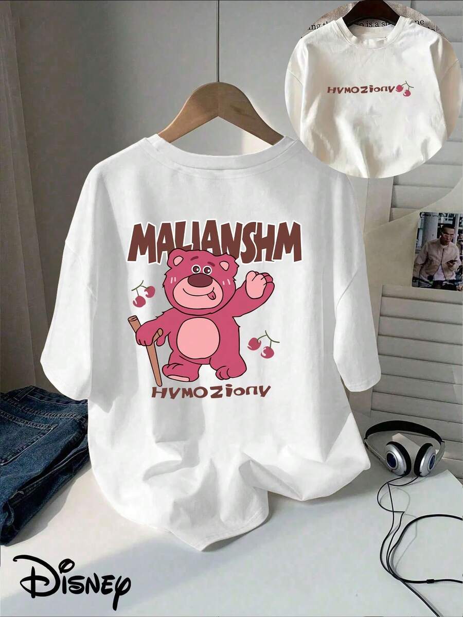 Disney Classic Cartoon Strawberry Bear Double-Sided Printed T-Shirt, Short Sleeved Round Neck Casual Top, Suitable For Summer And Spring, Short Sleeved Top, Women's Clothing - trắng - Xem 1