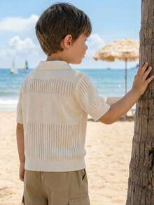 Maglione a maniche corte con colletto traforato per ragazzi, stile casual da scuola per primavera, estate e inizio autunno - Albicocca - Visualizzare 4