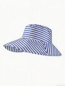 1pc Foldable Striped Bucket Hat, Large Brim Sun Hat For Summer UV Protection, Retro Fashionable Versatile Wide Brim Cap - Striped Hat - View 7