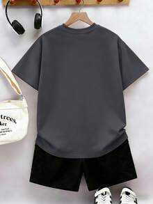 青少年男童美式复古“LA”字母及1987数字印花圆领短袖T恤+卡其色休闲裤夏季新款套装 - 彩色 - 查看 4