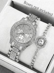 JasonRolls 5件套银合金表带女士手表套装，奢华百搭，水晶点缀经典三眼石英表带套装，适合日常穿搭或作为节日礼物。 - 銀色 - 查看 9
