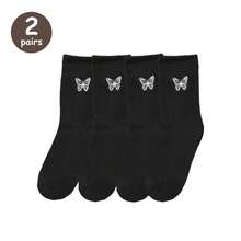 2雙蝴蝶刺繡中筒襪 - 黑與白 - 查看 8