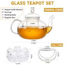 Juego de tetera de vidrio tetera de vidrio de 34 oz/1000 ml con infusor y calentador de té suelto juego de 4 tazas de té de doble pared de 5 oz/150 ml tetera apta para estufa y microondas - Por supuesto - Ver 5