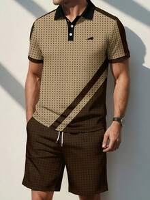 男士撞色半拉链 Polo 衫和短裤套装 - 彩色 - 查看 4