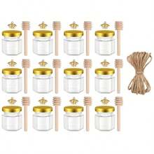 1.5盎司六角形迷你玻璃蜂蜜罐 - 20/30/50/60个/套蜂蜜罐，配有木勺、金盖、蜜蜂吊坠、粗麻布 - 非常适合婴儿洗礼、婚礼回礼、派对礼物 - 白色 - 查看 12