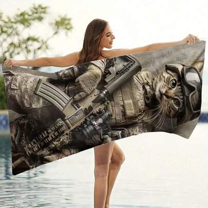 GEL HUT MUN 1条军用沙滩巾 - 速干超强吸水防沙毛巾，战术士兵猫咪图案设计，柔软超细纤维材质，适用于泳池、旅行、派对 - 送给军事宠物爱好者的趣味礼物（速干、轻便），泳池边配件，迷彩图案