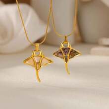 Manta Ray Pendant Necklace, Opal, Manta Ray, Snake, Stainless Steel Necklace, Wheat Chain, For Women, Men, Summer, Beach, Mobula, 42555812 - 黃色 - 查看 6