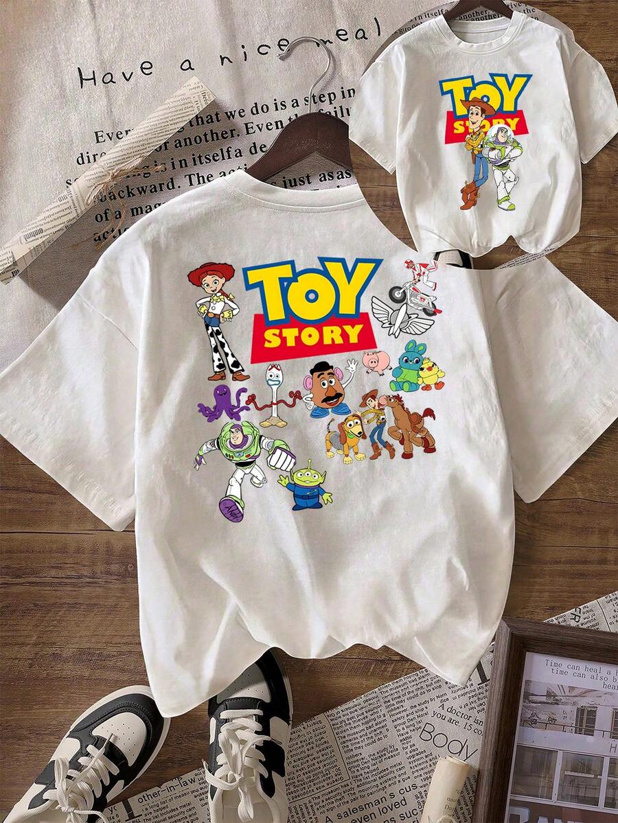 Disney Loose Fit Toy Story Full Character Front And Back Printed T-Shirts, Suitable For Summer And Spring, Short Sleeved Tops, Women's Clothing, Holiday Gift Party Costumes. - White - View 1
