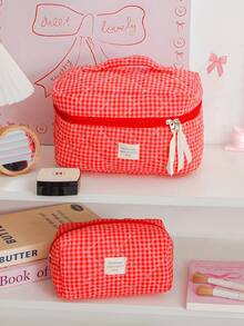 1Pc/Set Red Plaid Gilrs Make Up Bag Travel Toiletry Bag, Large Capacity Cosmetic Bag Pouch Handheld Makeup Bag Portable Toiletry Washing Bag Skincare Bag With Zipper Closure For Cosmetics,Brushes,Skincare,Lip Oil,Hand Cream,Sationery,Coin,Small Items,Make Up Case Makeup Pouch Cosmetic Organizer,Home Decor Livingroom Decor,Travel Essentials,Birthday Gift Wedding Bridesmaid Gift - Redberry Grid - View 14