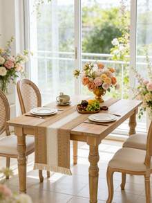 1pc Bohemian Knitted Patchwork Rectangular Table Runner, Coffee & Beige Color, Dining Table Cloth, Beige Tassel Decor, Suitable For Sideboard, Coffee Table, Cabinet Dust Cover, Home Decor, Suitable For Countryside Gathering, Dinner, Wedding, Festival And Party Decoration, Outdoor Picnic, Camping Decor, All Season, Spring/Summer - Multicolor - View 4