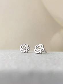 1 Pair S925 Sterling Silver Hollow Rose Flower Earrings, Designed For Girls, Hypoallergenic, Fresh And Minimalist Style, Cute And Suitable For Girls As Festival Or Birthday Gift - Flowers - View 7