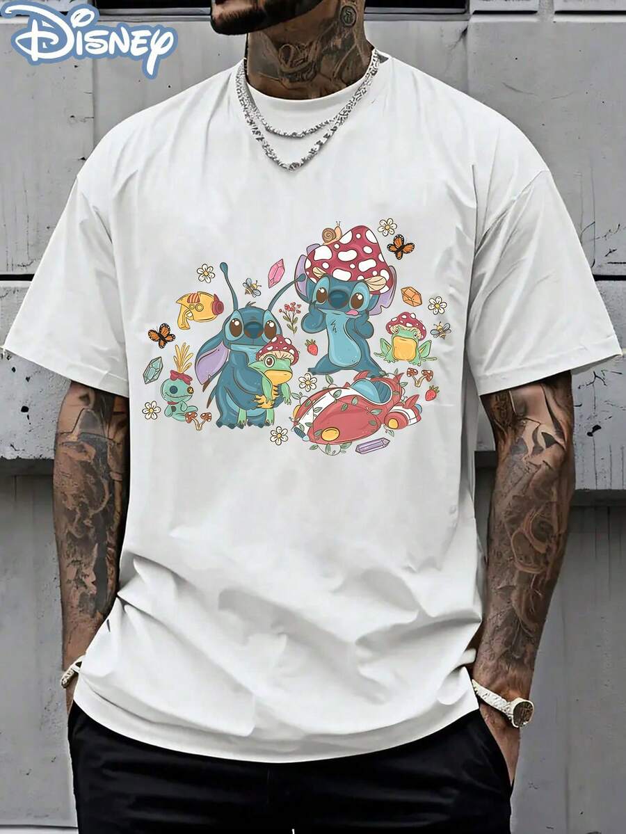 Disney Officially Licensed Graphic T Shirts 100 Percent Cotton Disney Shirt, Stitch Mushroom Forest T-Shirt, Unisex, 220g, Retro Washed, Cartoon Print, Casual Tee - 白色 - 查看 1