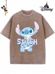 Disney-Licensed Men's Cotton T-Shirt For The 2026 Family Holiday. Featuring A Stitch Motif, Washed Crew Neck, Soft And Comfortable Feel, Easy Care And Suitable For Various Occasions Such As Holidays, Everyday Life And Commuting – Full Of Festive Spirit. - 咖啡棕 - 查看 1