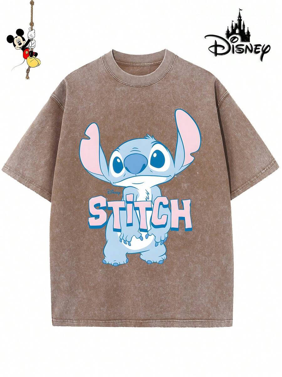 Disney-Licensed Men's Cotton T-Shirt For The 2026 Family Holiday. Featuring A Stitch Motif, Washed Crew Neck, Soft And Comfortable Feel, Easy Care And Suitable For Various Occasions Such As Holidays, Everyday Life And Commuting – Full Of Festive Spirit. - 咖啡棕 - 查看 1